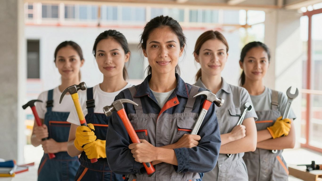 Women in trades, smiling and holding tools.