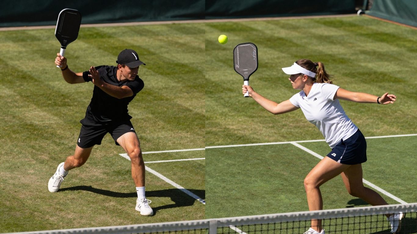 Pickleball and tennis players on courts, paddles, balls