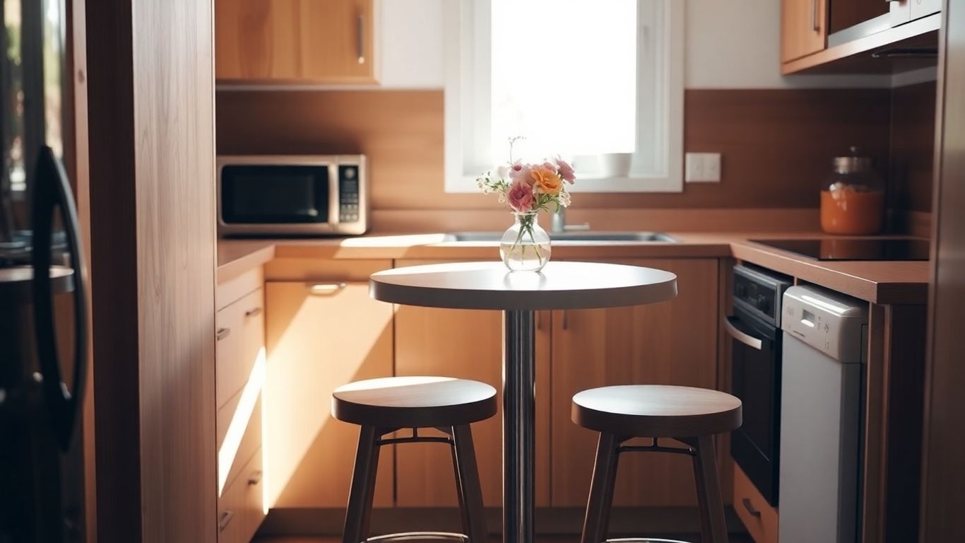 Counter height table in a cozy kitchen.