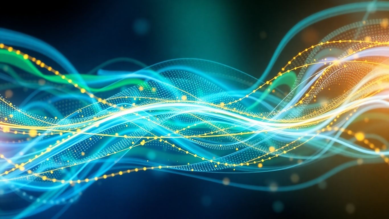 Abstract financial data flow with blue, green, and gold lines.