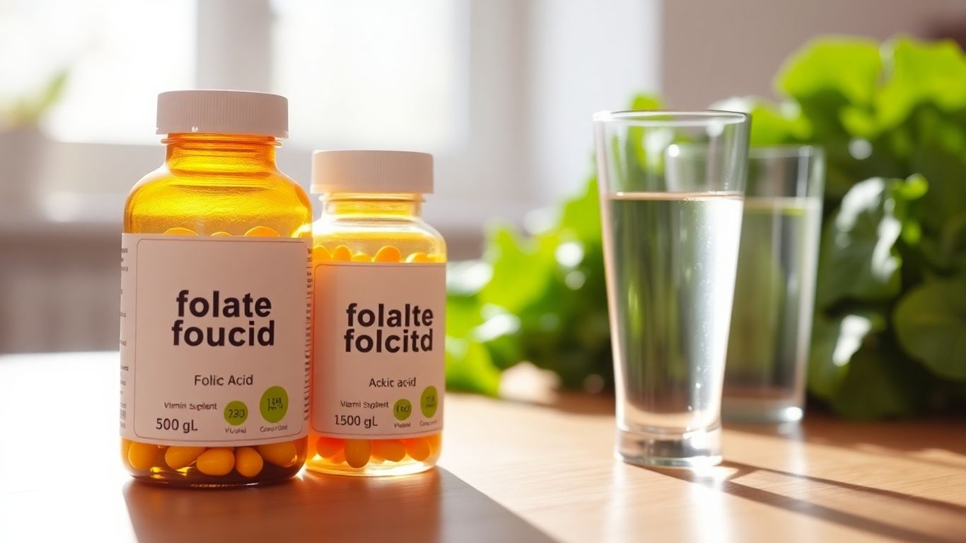 Folate and folic acid bottles with vegetables and sunlight.