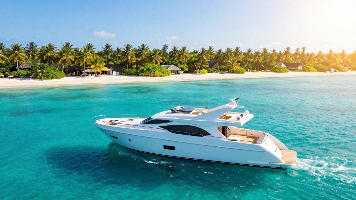 Luxury yacht sailing near a tropical island paradise.