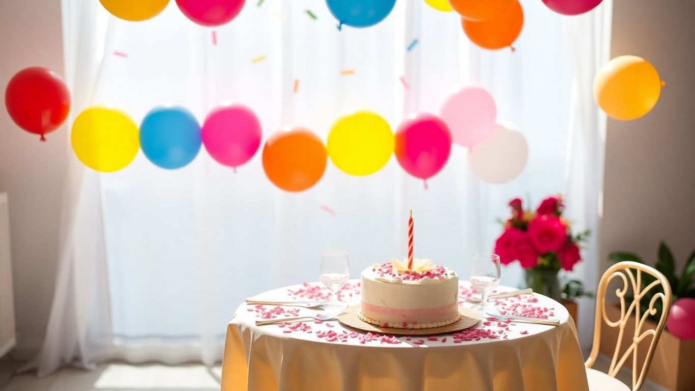 Small event planning table with balloons and cake.