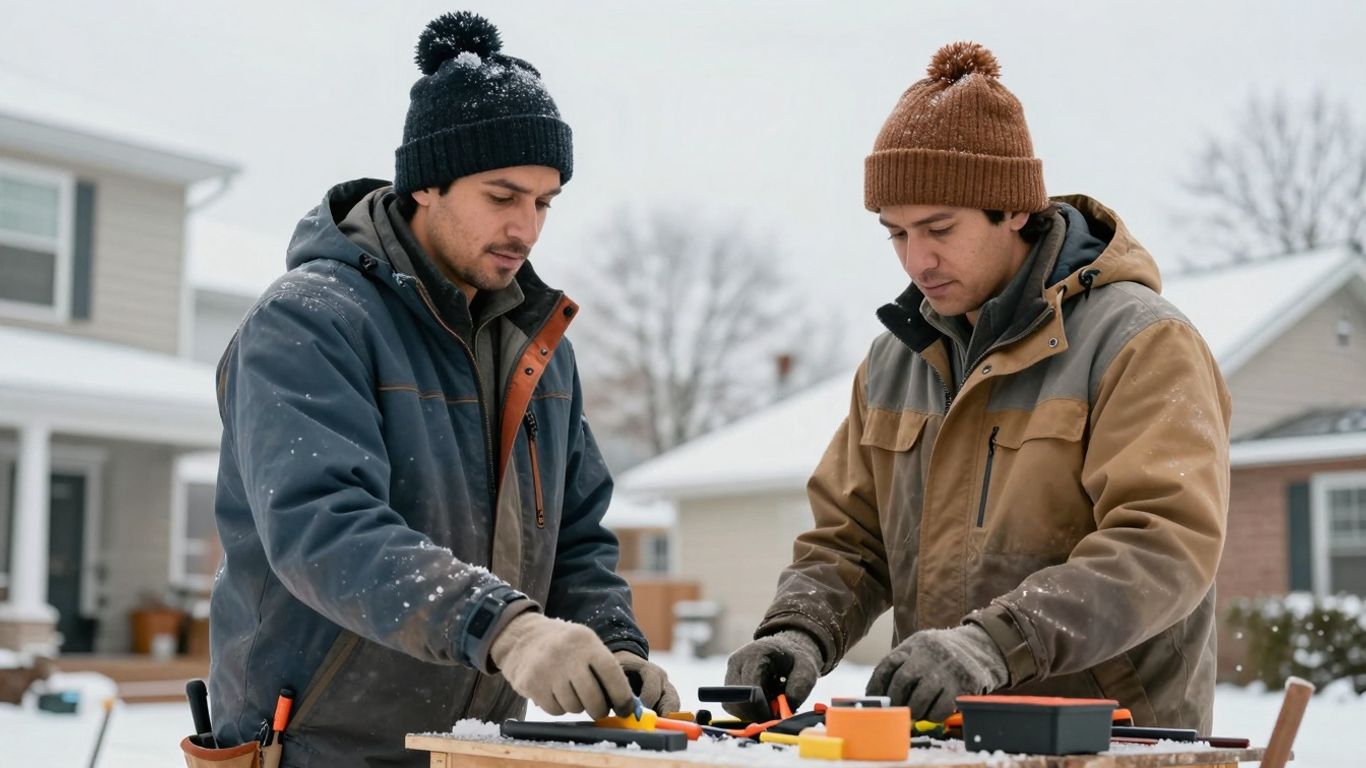 Contractor working outdoors in winter with tools.