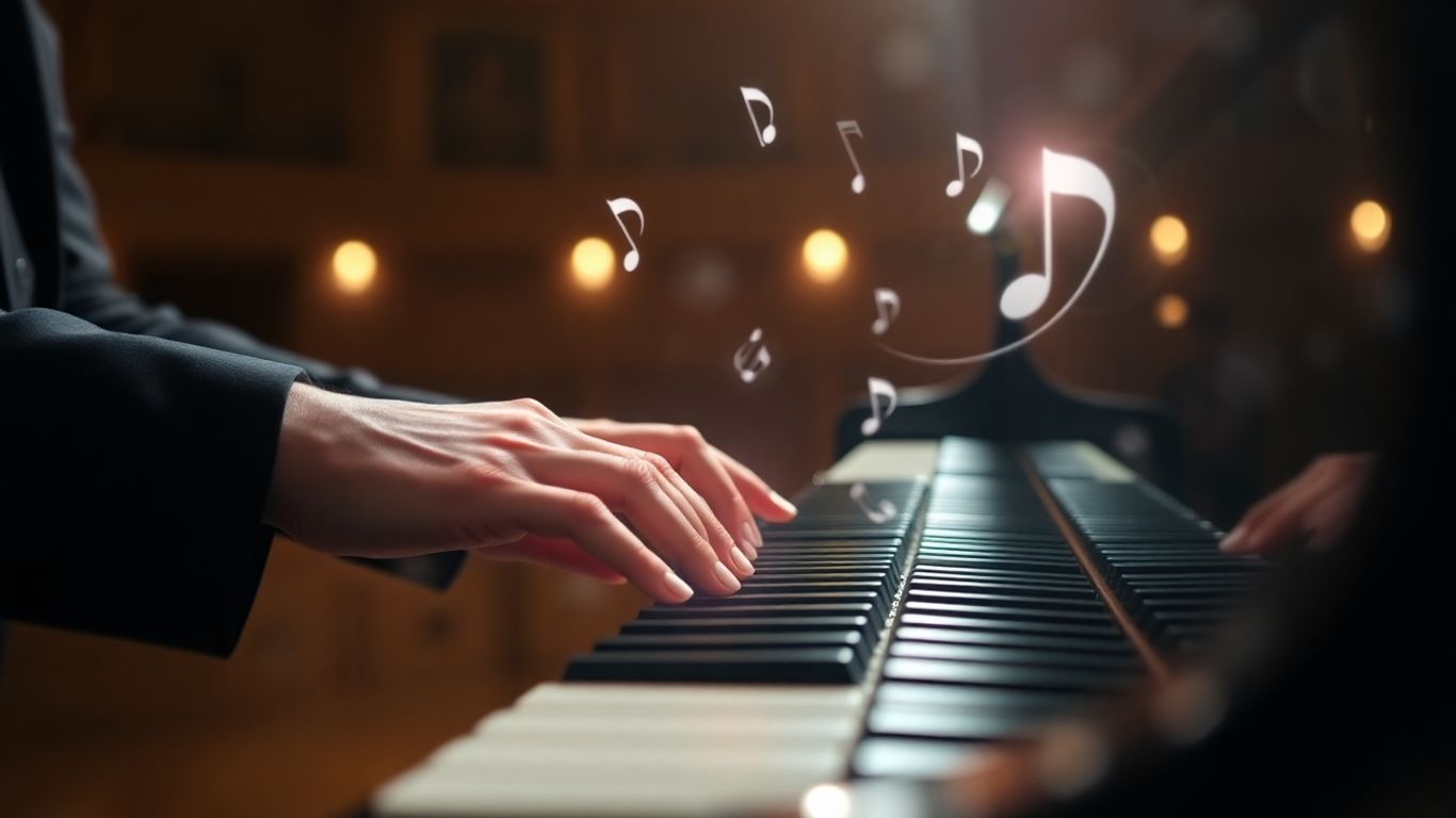 Hands playing piano with glowing keys and musical notes.