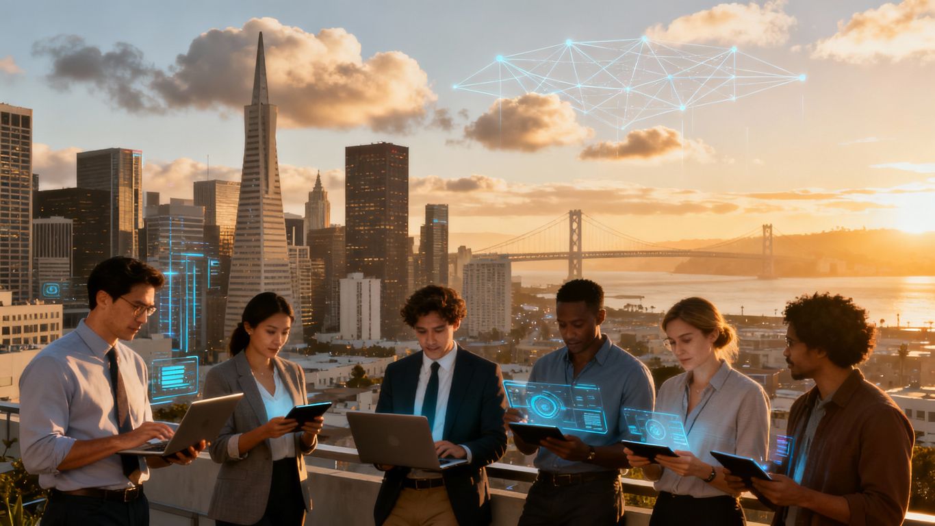 San Francisco skyline with tech professionals and cloud networks