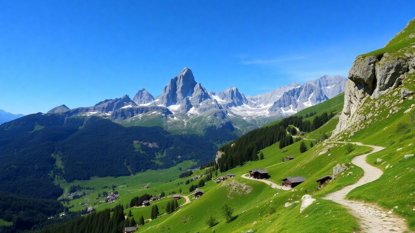 Bergpanorama mit Wanderweg und Berghütten in der Schweiz