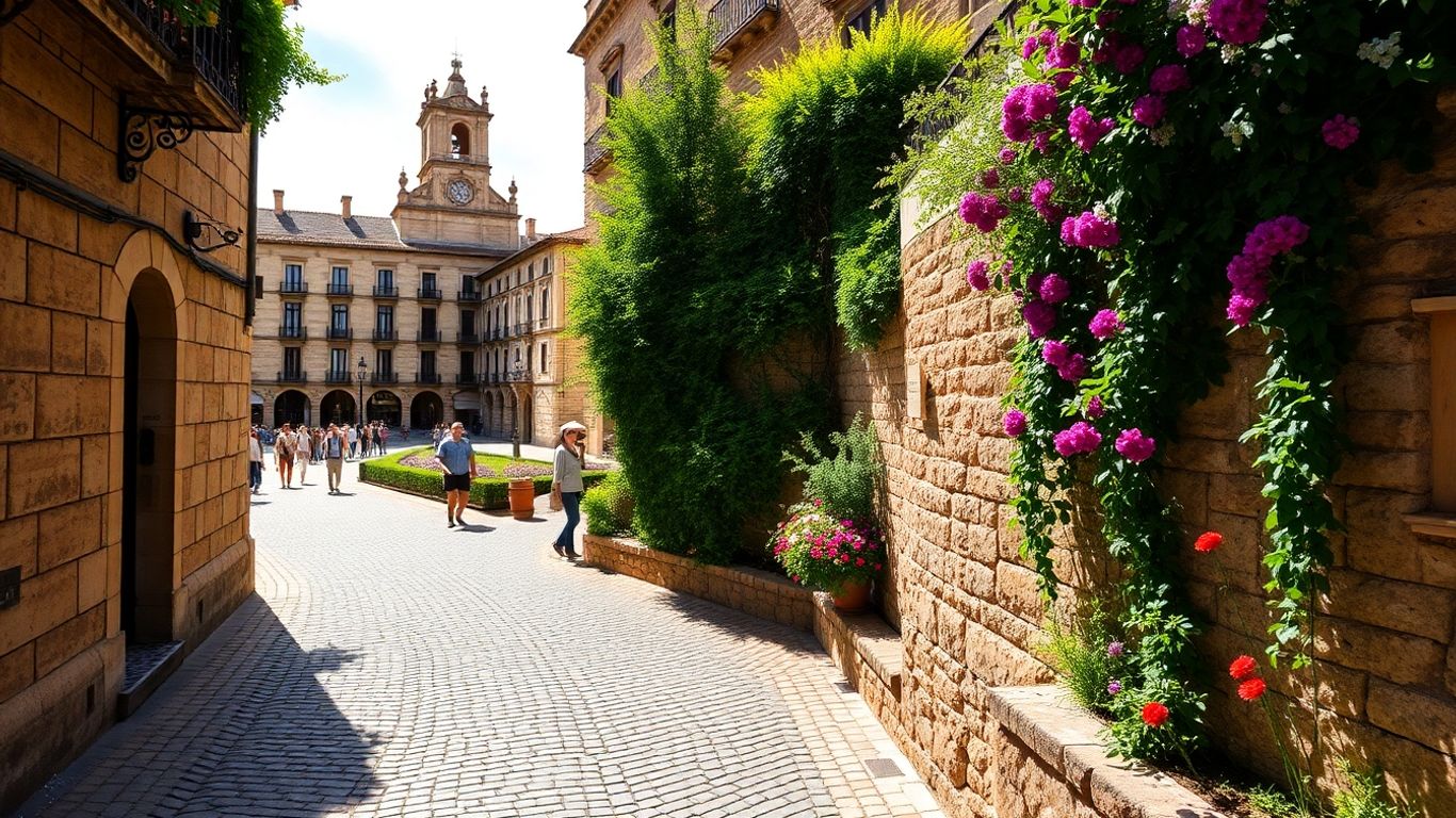 Segovia's historic centre with gardens and colourful floral displays.