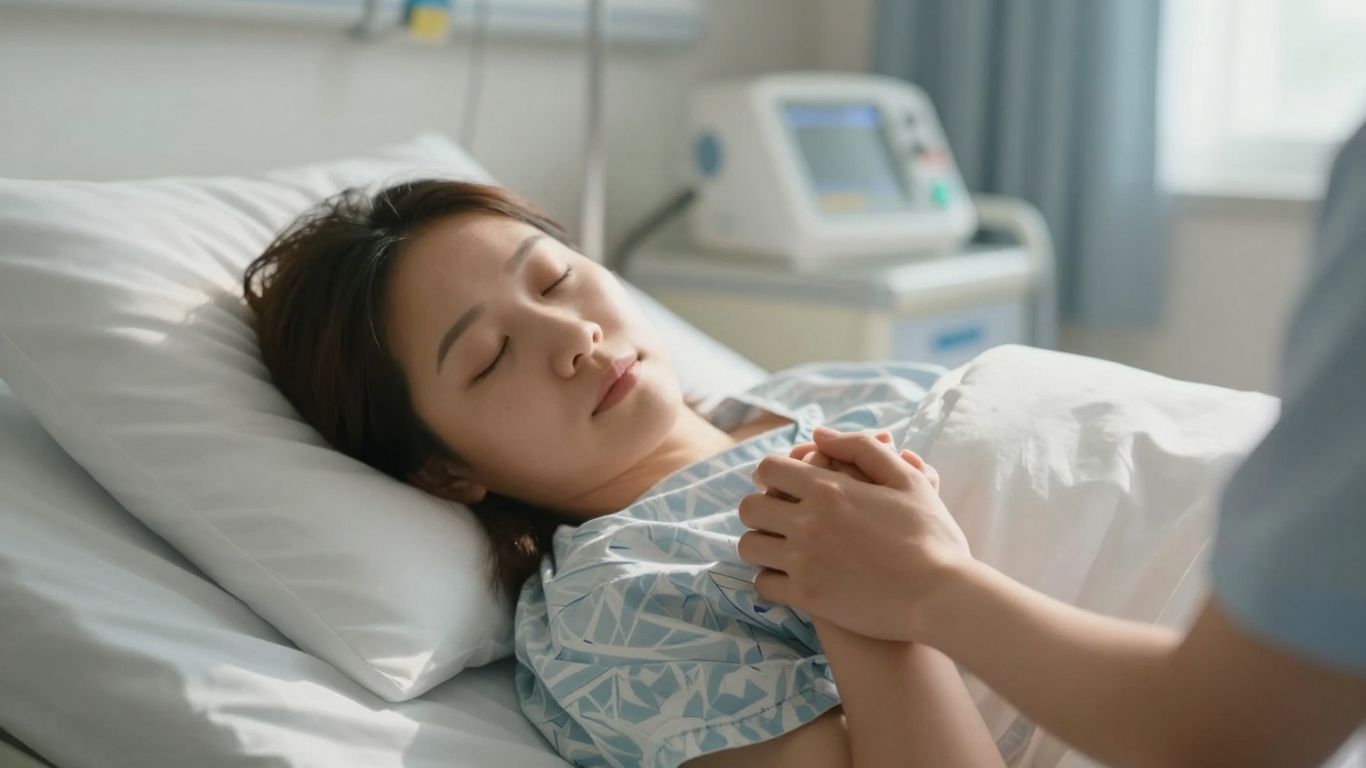 Patient resting in a hospital bed, hand held.