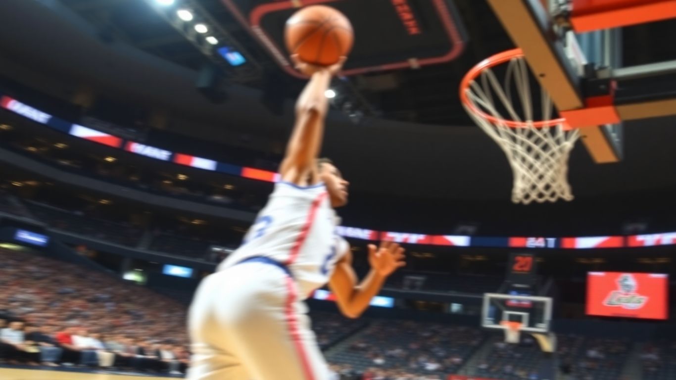 Basketball player driving to the hoop during a game.