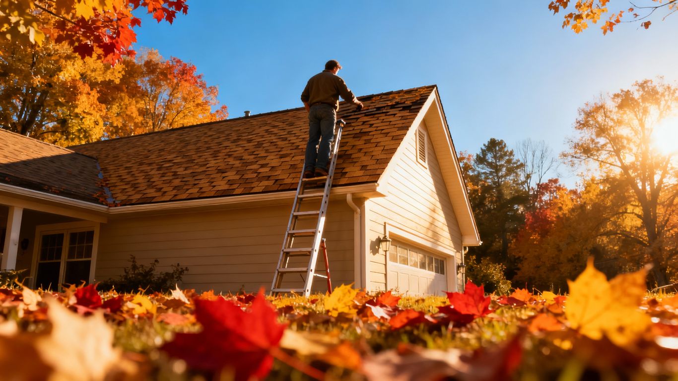 Roof inspection in autumn with colorful leaves.
