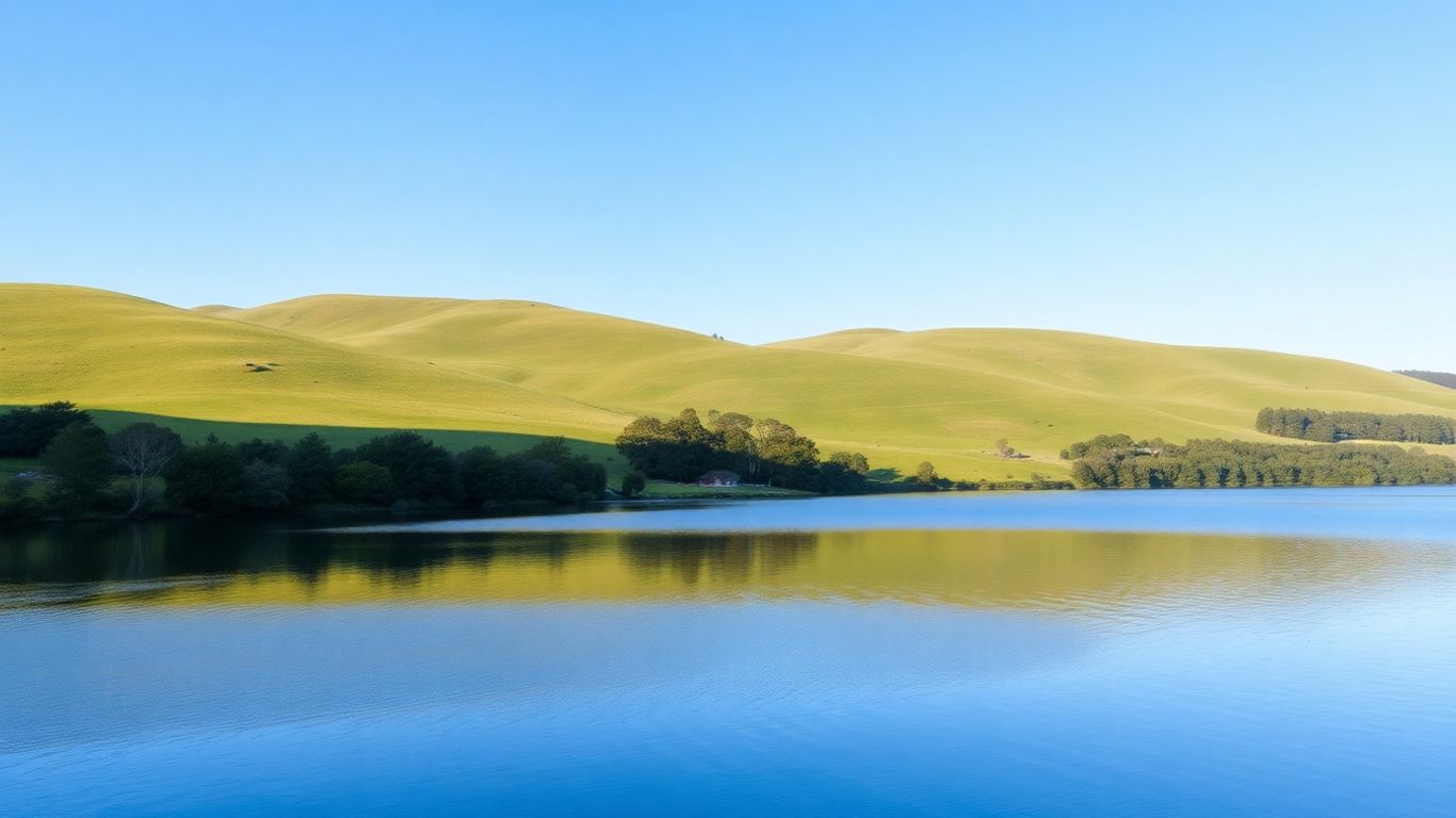 Peaceful Victorian landscape with hills and lake.