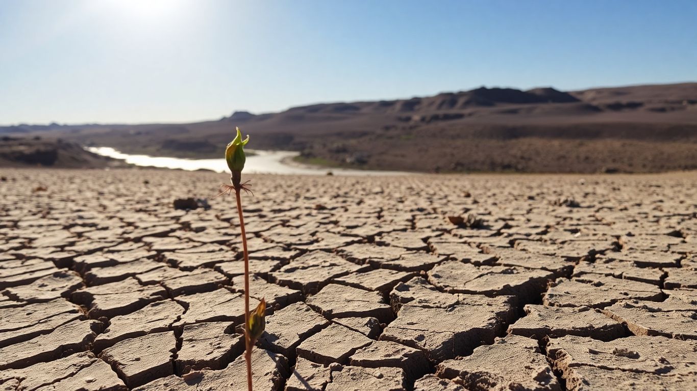 Terre craquelée et plante flétrie sous un soleil ardent.