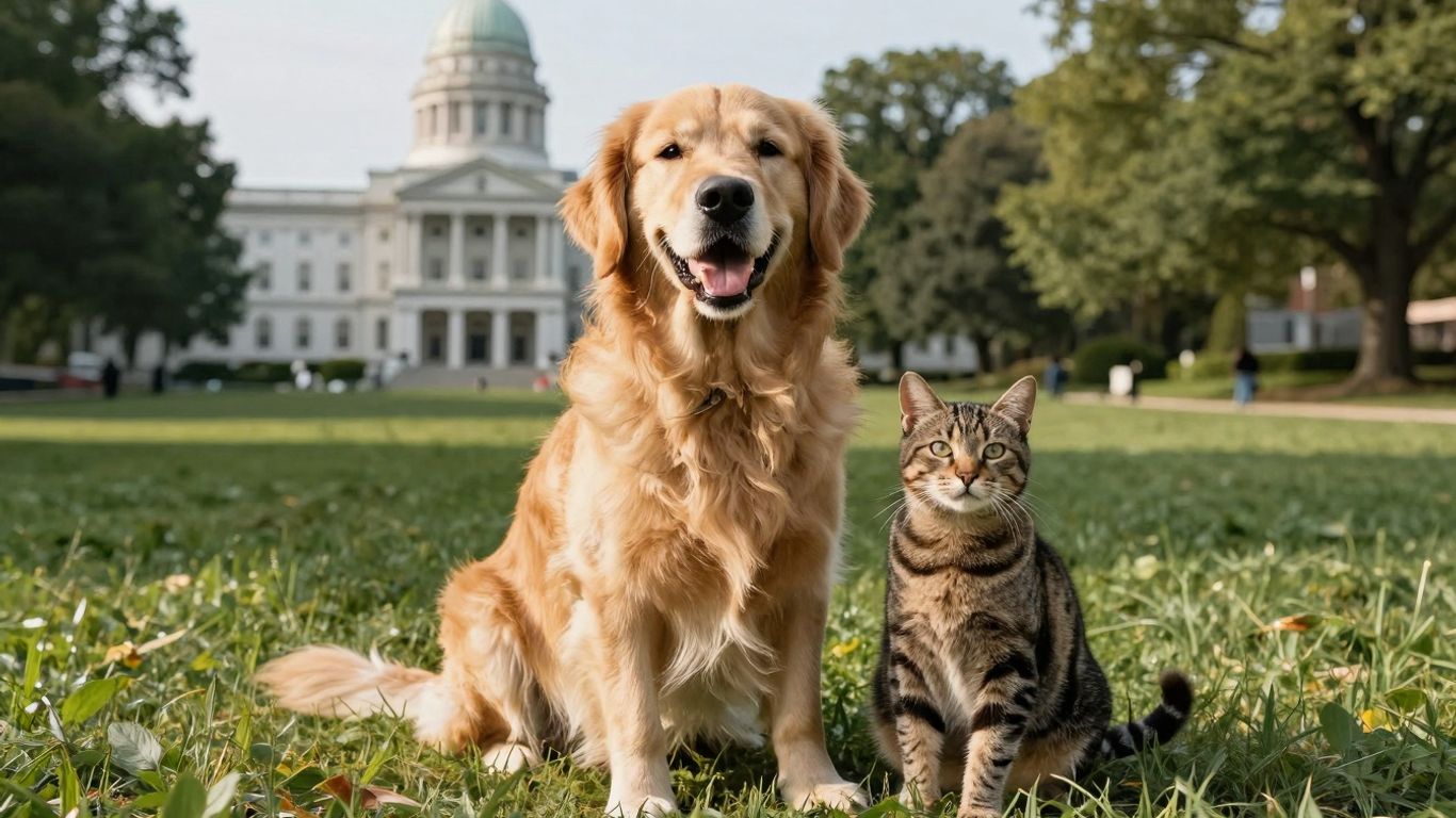Dog and cat on grass with Connecticut capitol building.