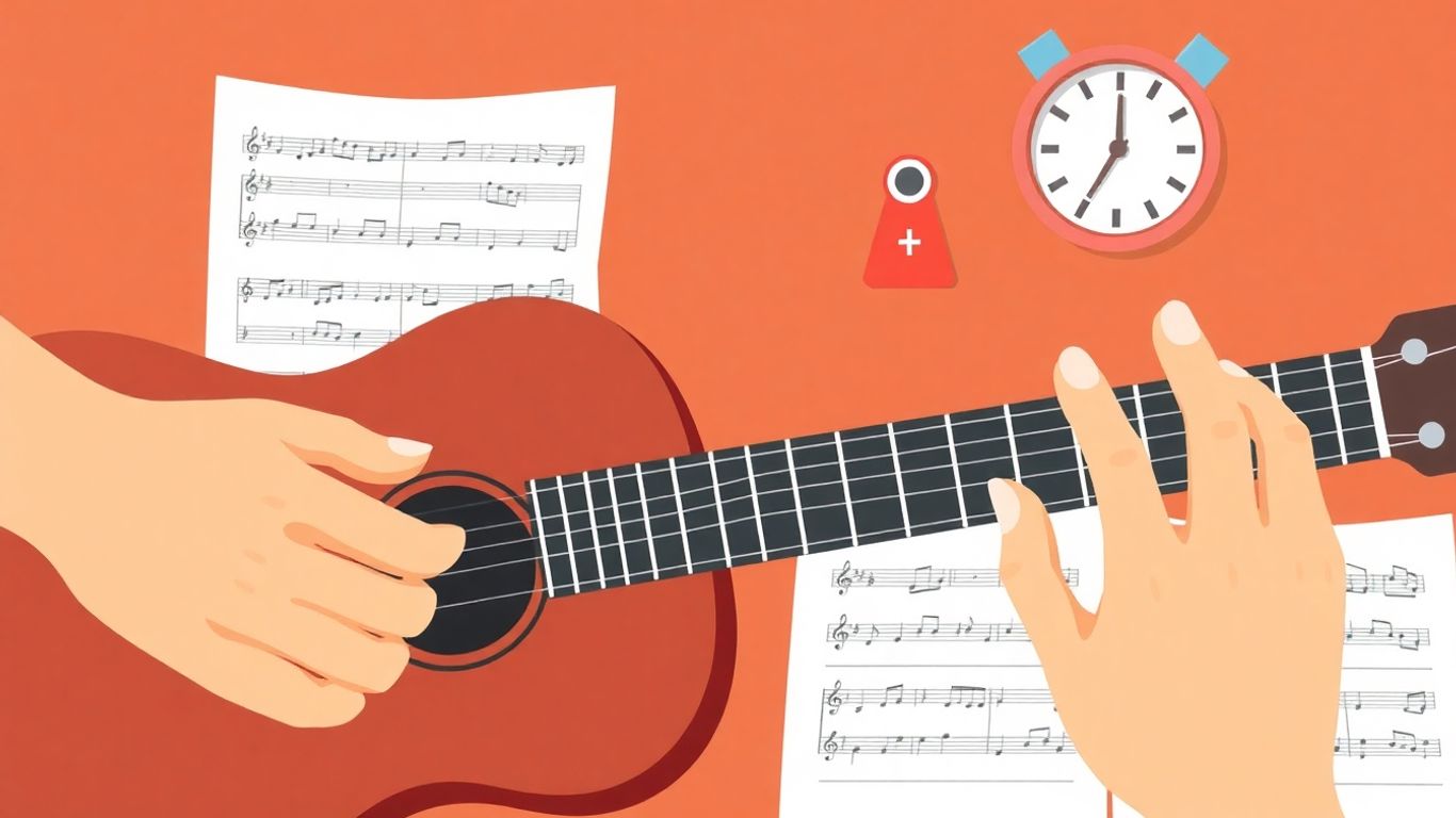 Hände halten Gitarre, Noten und Metronom im Hintergrund.