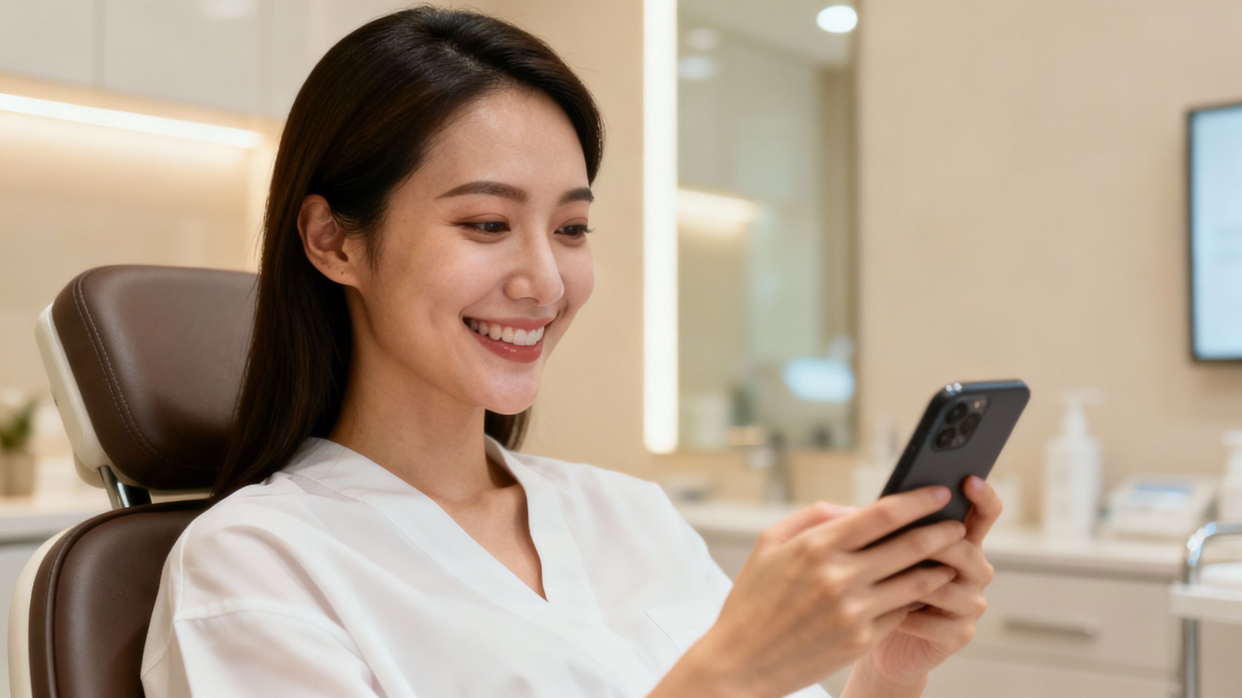 Satisfied aesthetics clinic client using her phone.