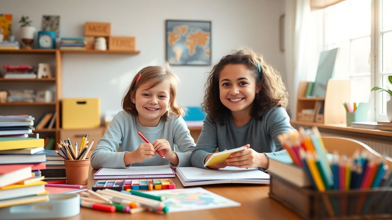 Părinte și copil talentat înconjurați de cărți și materiale educaționale.