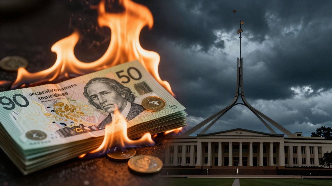 Australian money burning near Parliament building, cost of living crisis.