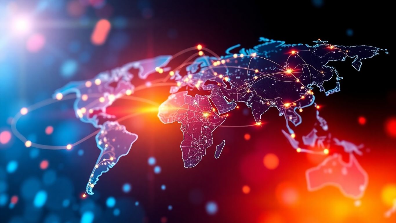 Hartă globală cu conexiuni luminoase, simbolizând expansiunea.