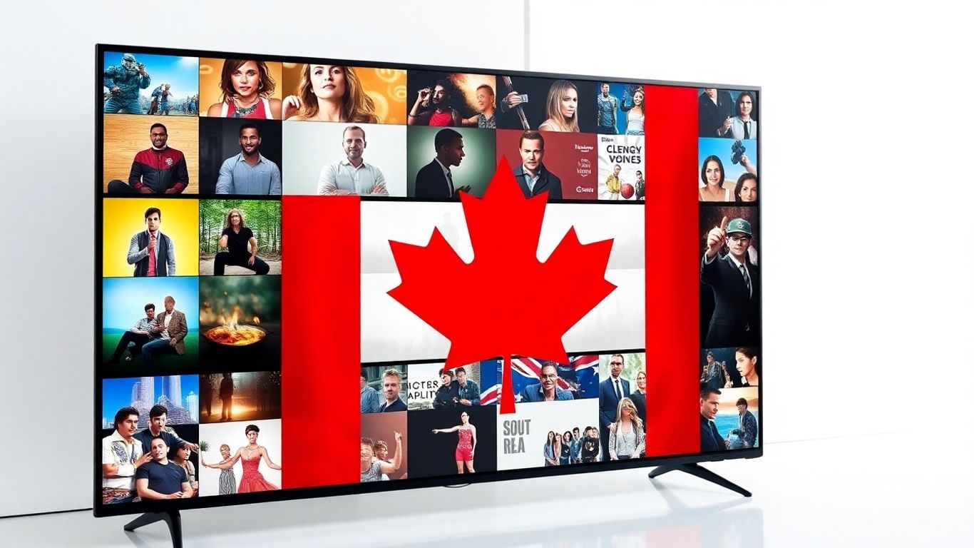 Canadian flag on TV screen with entertainment collage.IPTV Best for you - Futuristic TV screen with Canadian flag and entertainment streams.