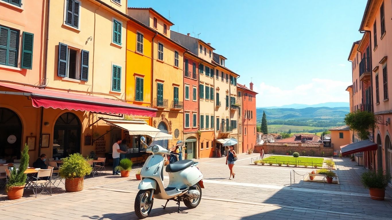Affordable Italian vacation scene with piazza and Vespa.
