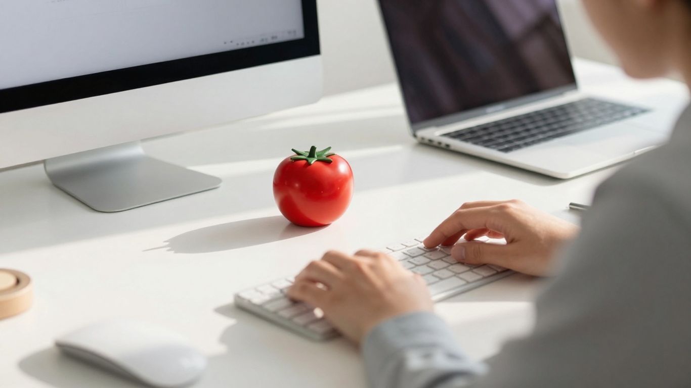 Person working at desk with Pomodoro timer.