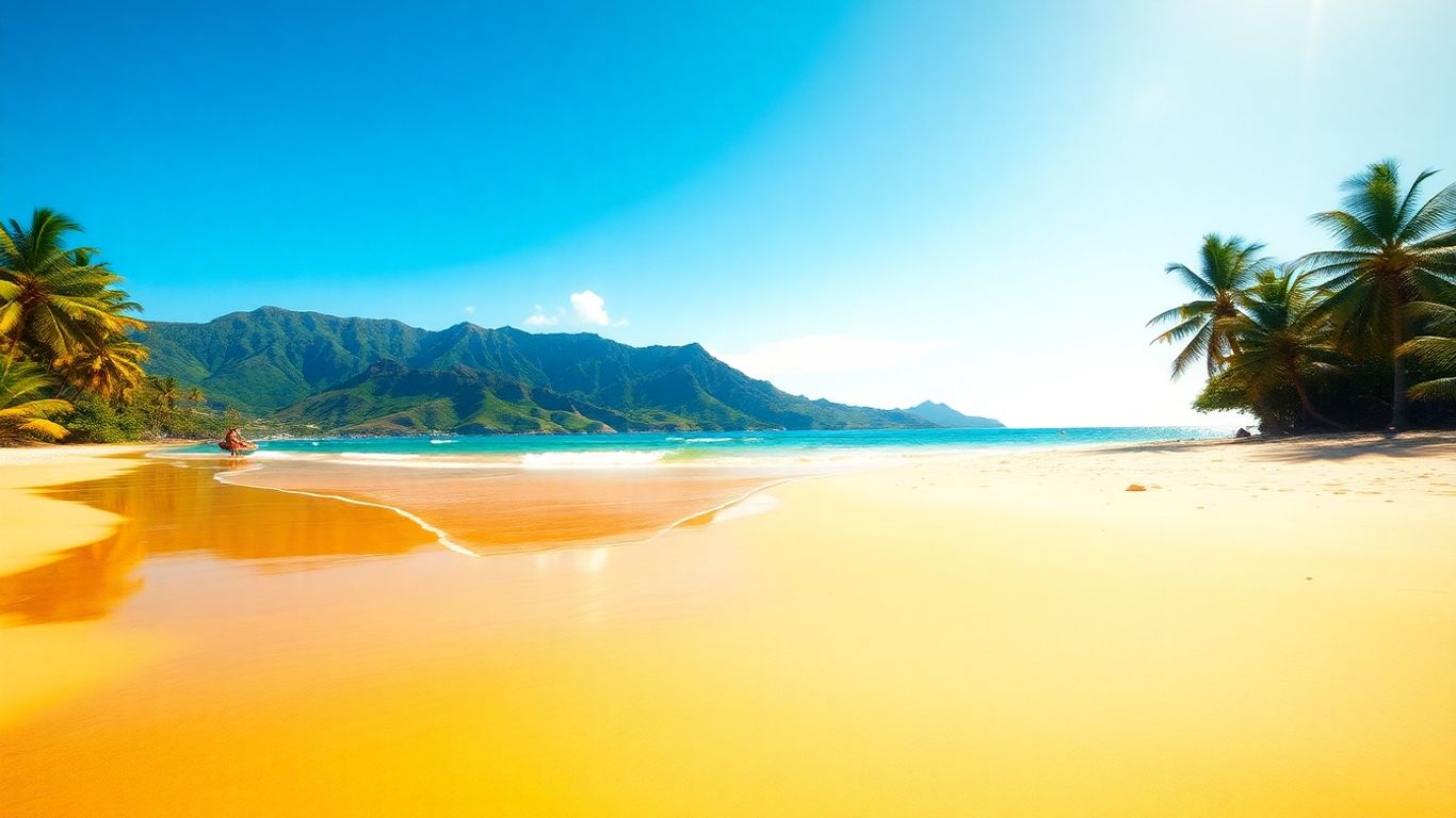 Canary Islands beach with volcanic hills and palm trees.