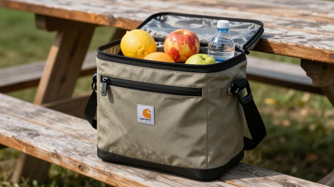Carhartt Insulated Classic Cooler lunchbox on a picnic table.