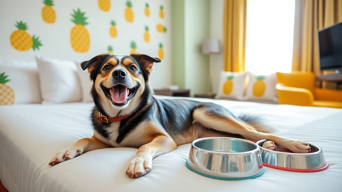 Dog on hotel bed with pineapple-themed decor