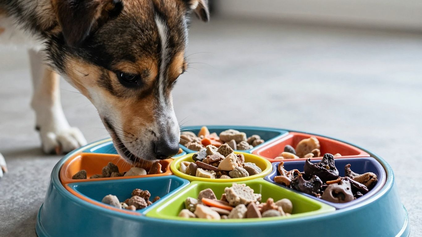 Dog eating from a slow feeder bowl
