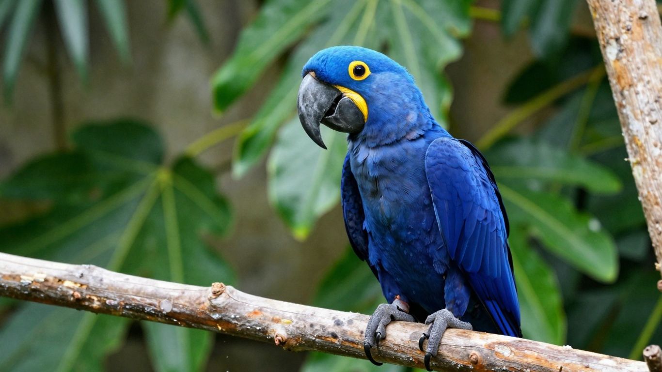 Hyacinth macaw perched on a branch in a tropical setting.