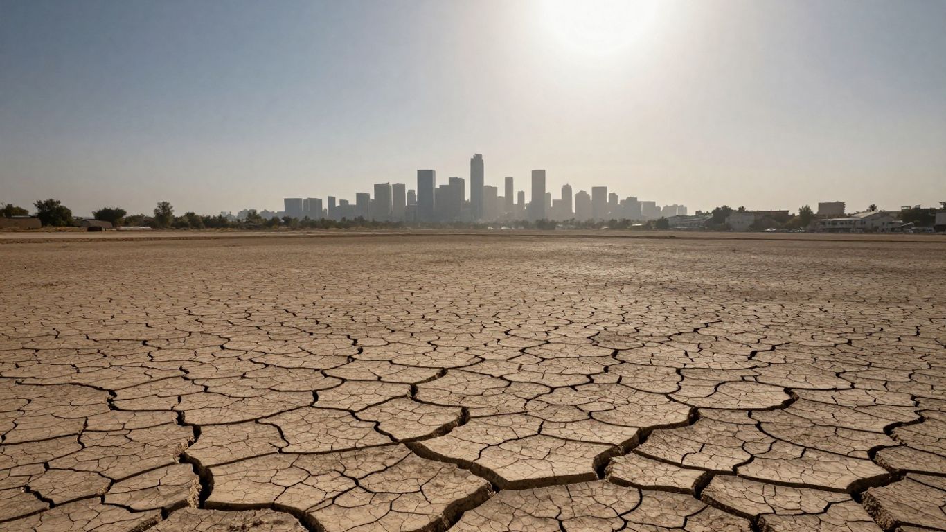 Peisaj arid cu oraș în depărtare.