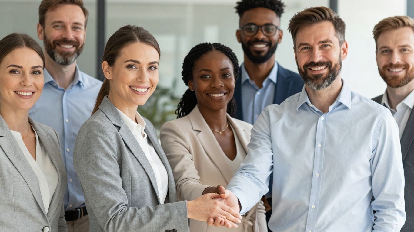 People smiling, one offering a helping hand.