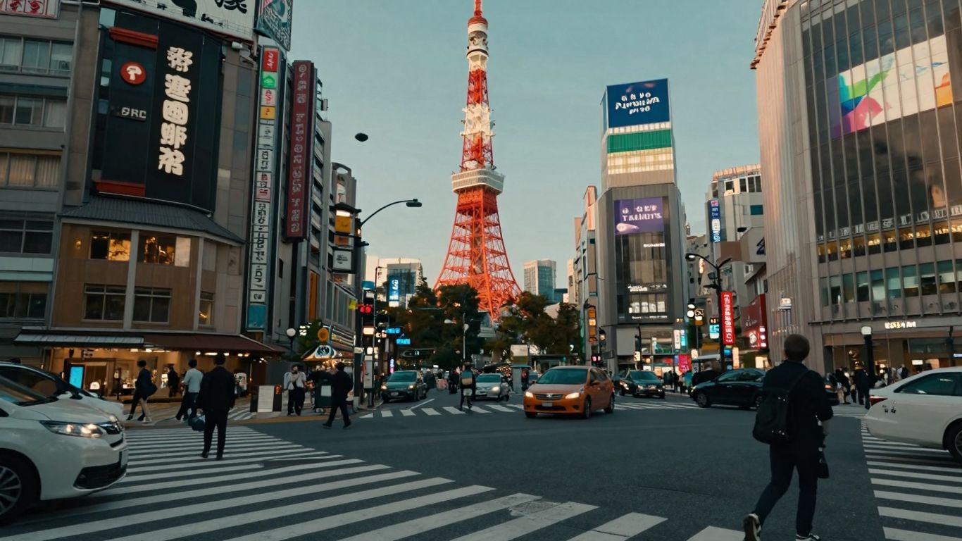 Tokyo cityscape at sunset with landmarks and neon lights.