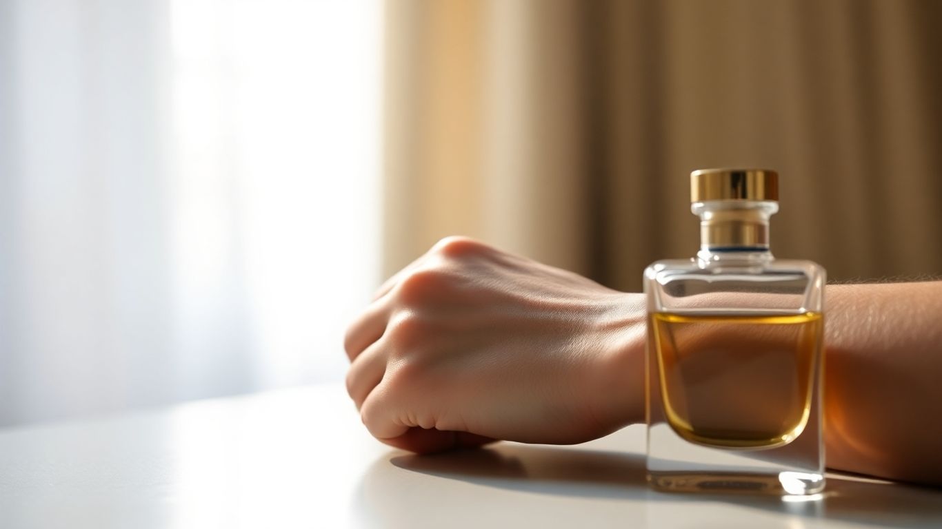 Perfume bottle and wrist, illustrating long-lasting scent.