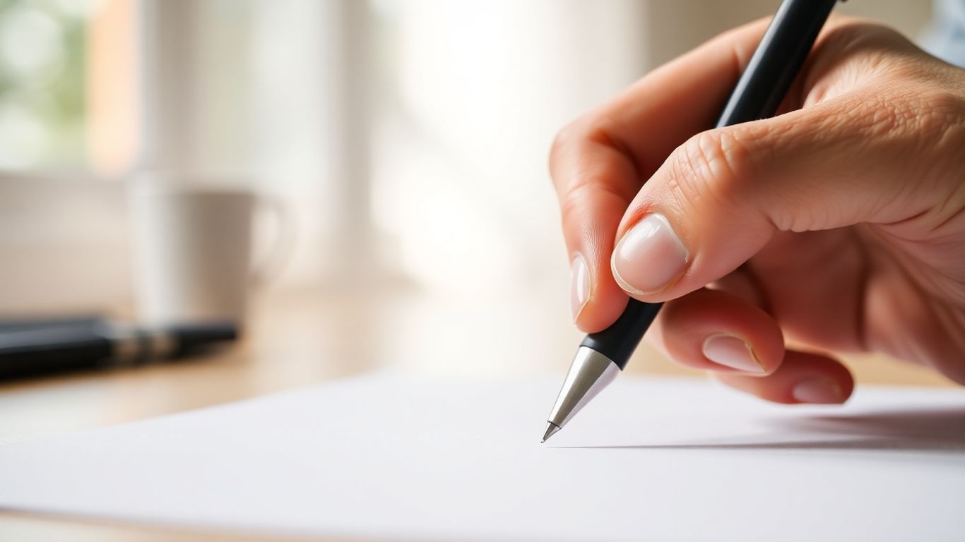 Hand with pen ready to write on paper.