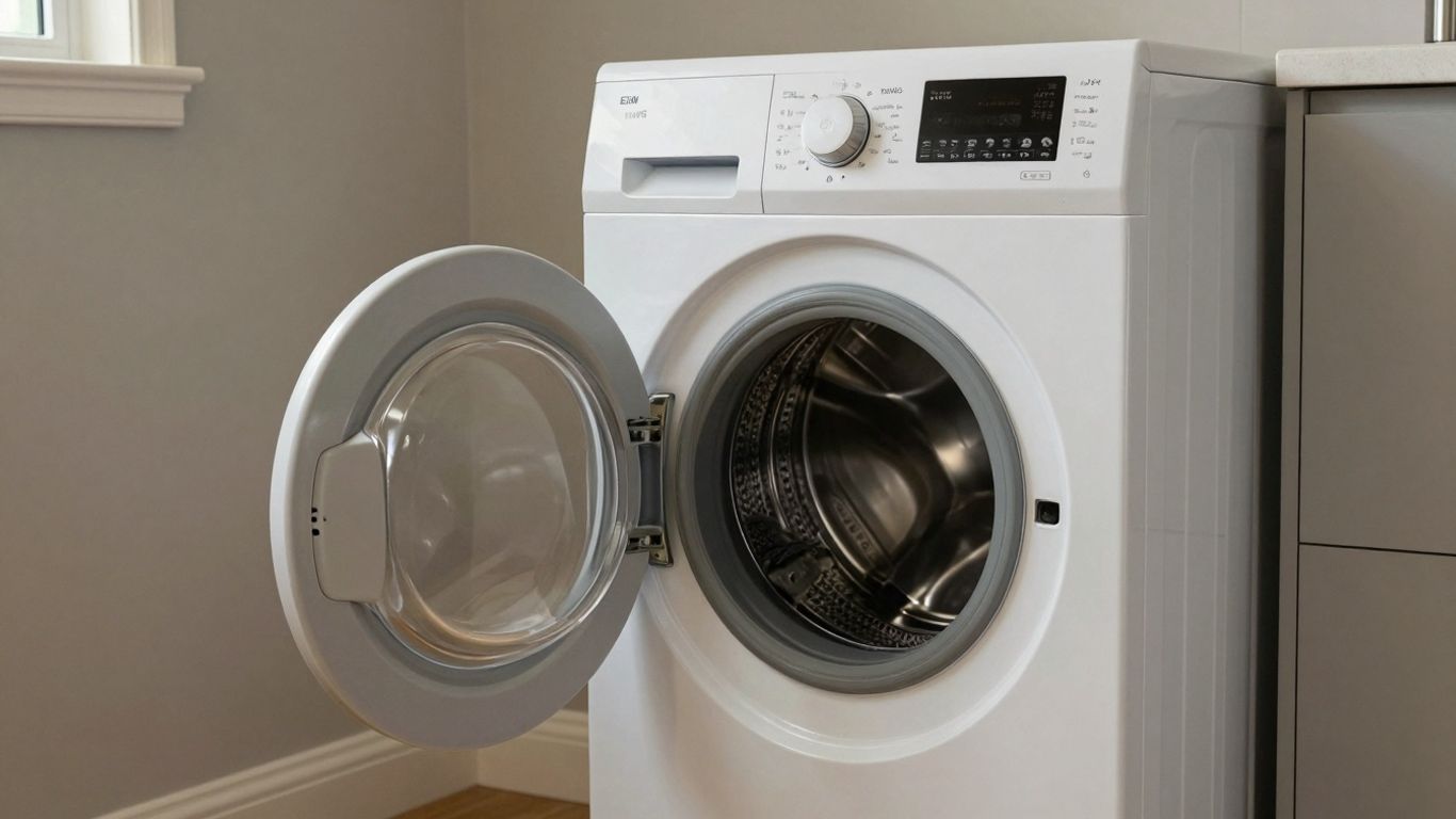 French washing machine, 'lave-linge', in a laundry room.