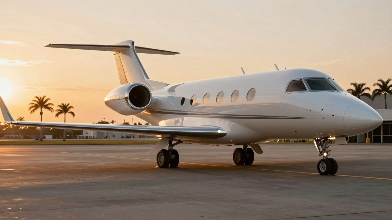 Private jet on tarmac at sunset