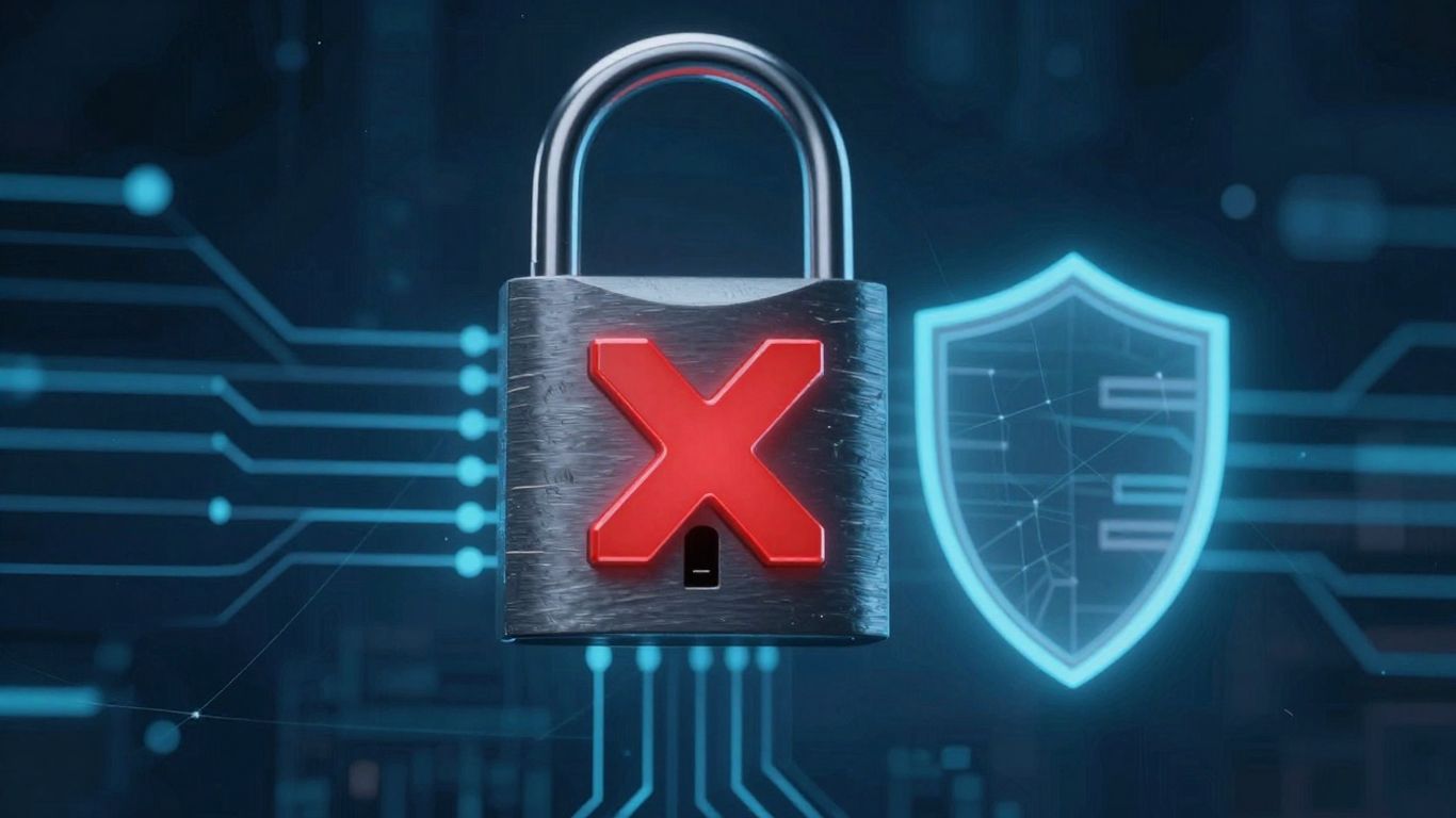 Digital lock with a red X, network lines, shield icon.
