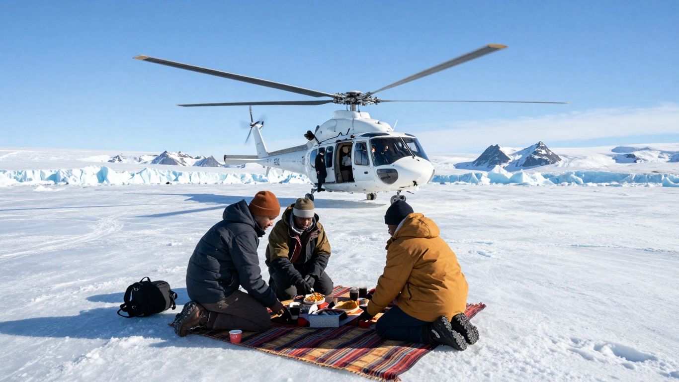 Helicopter landing on arctic glacier for a picnic.