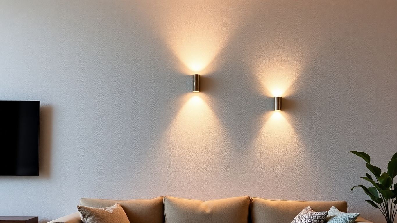 Stylish wall lights illuminating a modern living room interior.