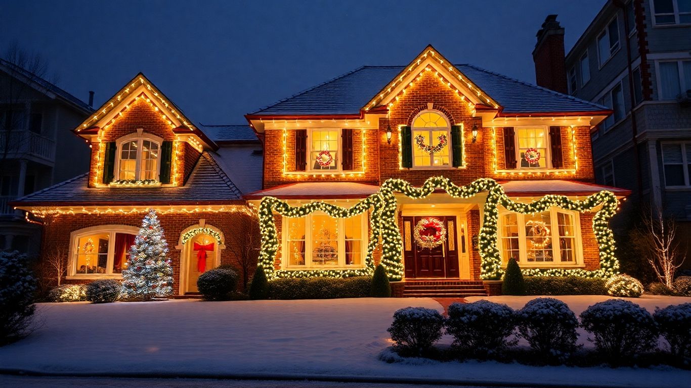 House with permanent Christmas lights glowing at night.