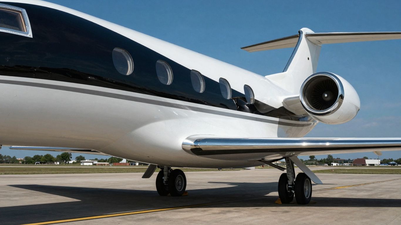 Sleek private jet on tarmac, ready for luxury travel.