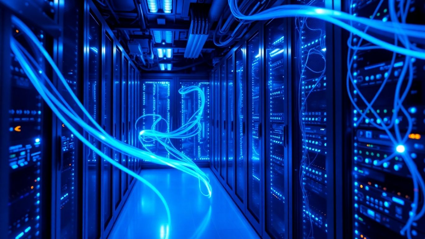 Abstract data streams flowing through server hardware.