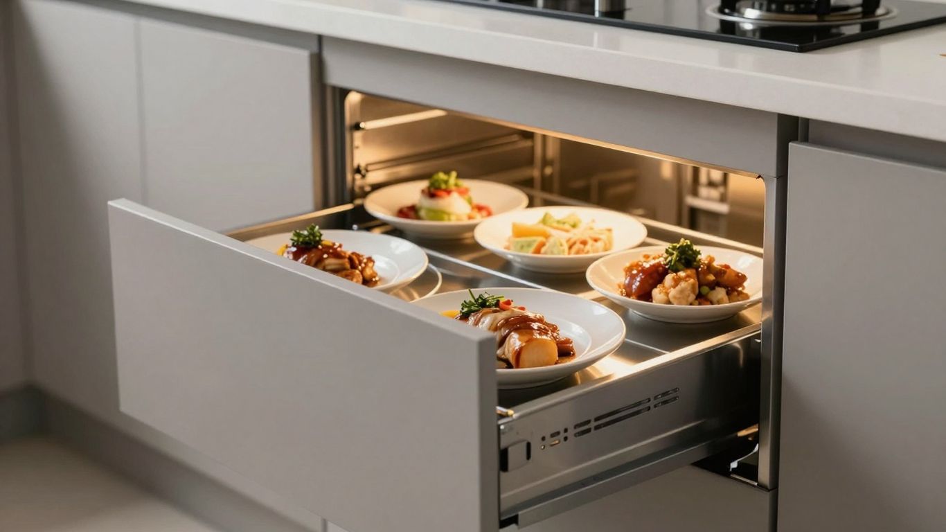 Kitchen drawer warmer holding warm plates of food.