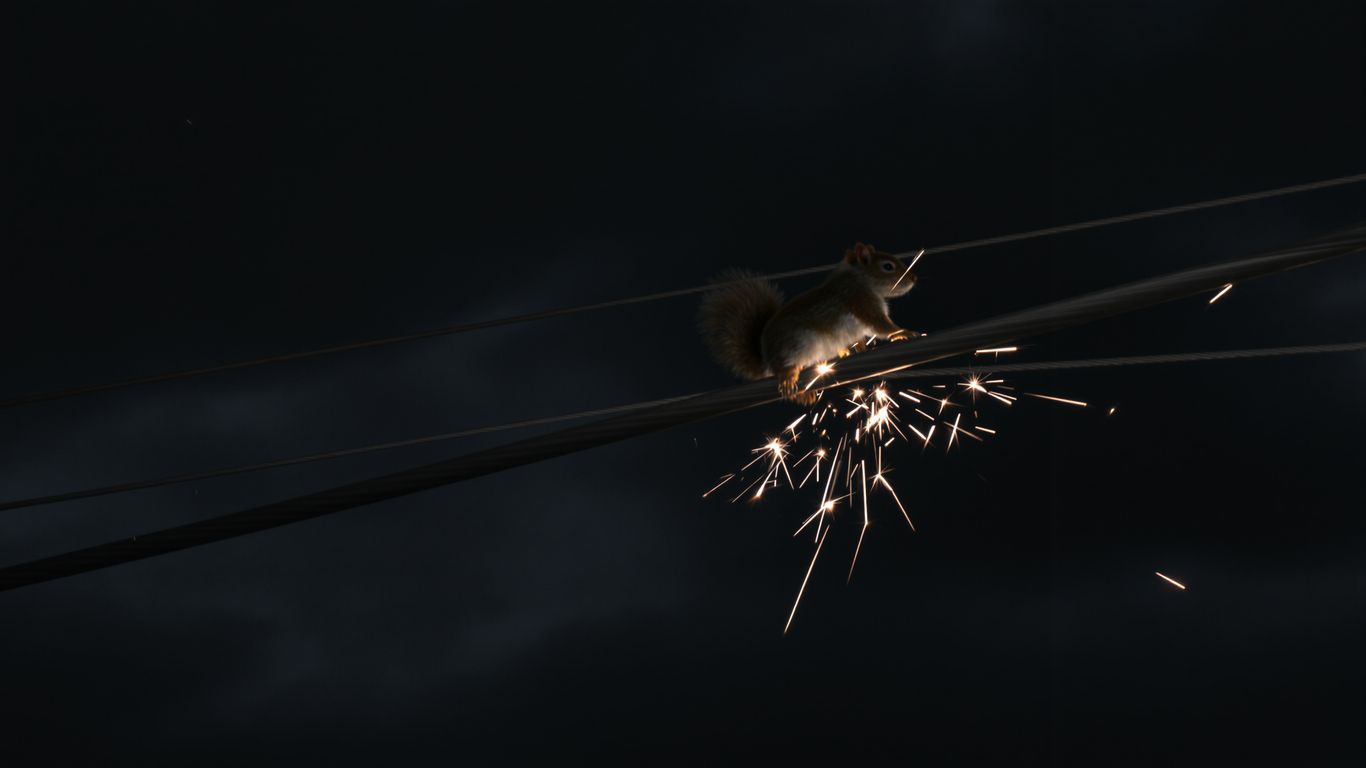 Squirrel on power line with sparks.