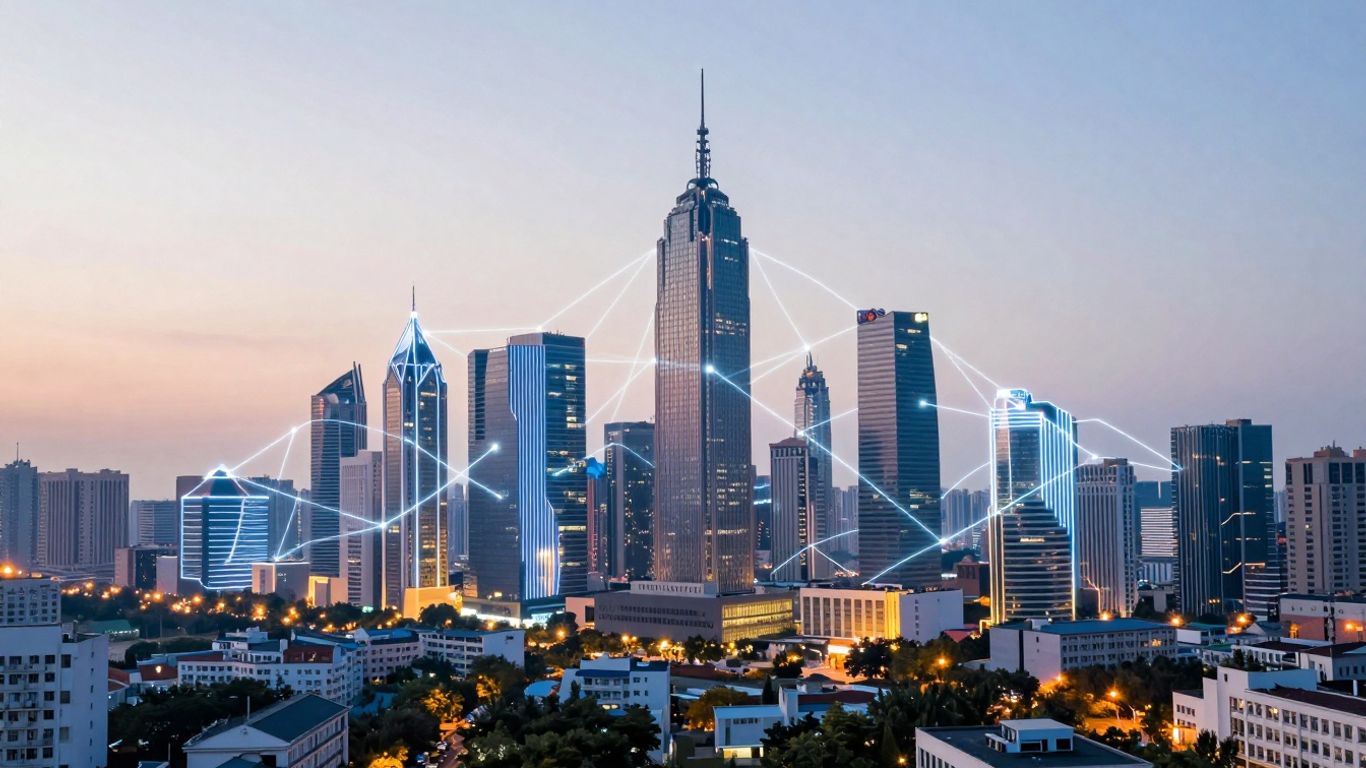 Connecting lines between abstract buildings in a city.