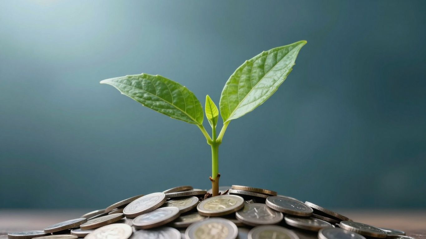 Plant growing from coins towards the sun.