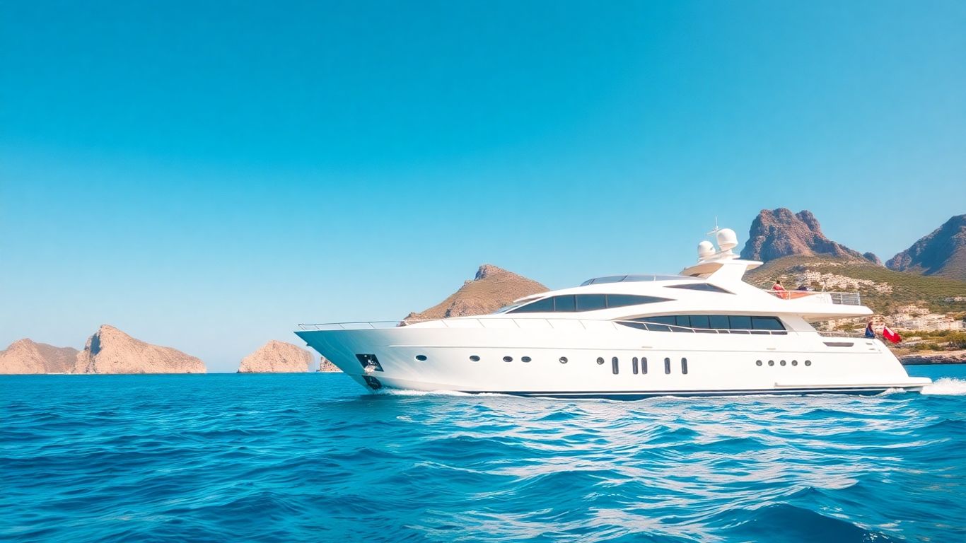 Yacht sailing near Greek islands on a sunny day.