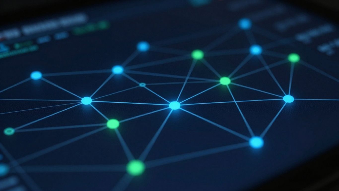 Digital interface with glowing interconnected nodes and pathways.
